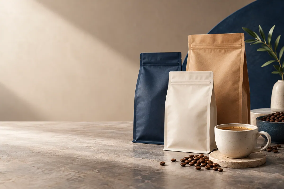 Unbranded coffee packaging arranged for a product launch campaign
